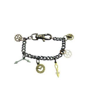 Steampunk Charm Bracelet Clock Gears Hands Multicolor Metals 7.25 inches Long